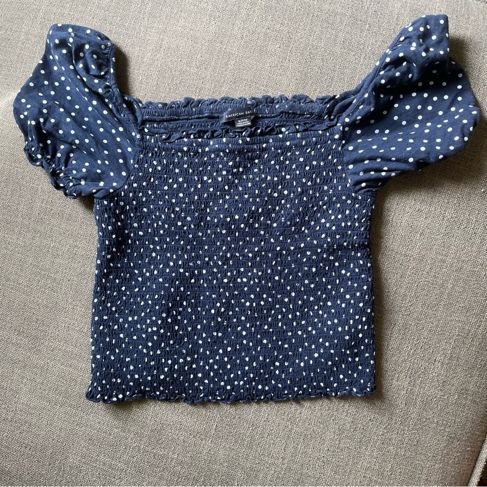 American Eagle polka dot puff sleeve shirt navy and white